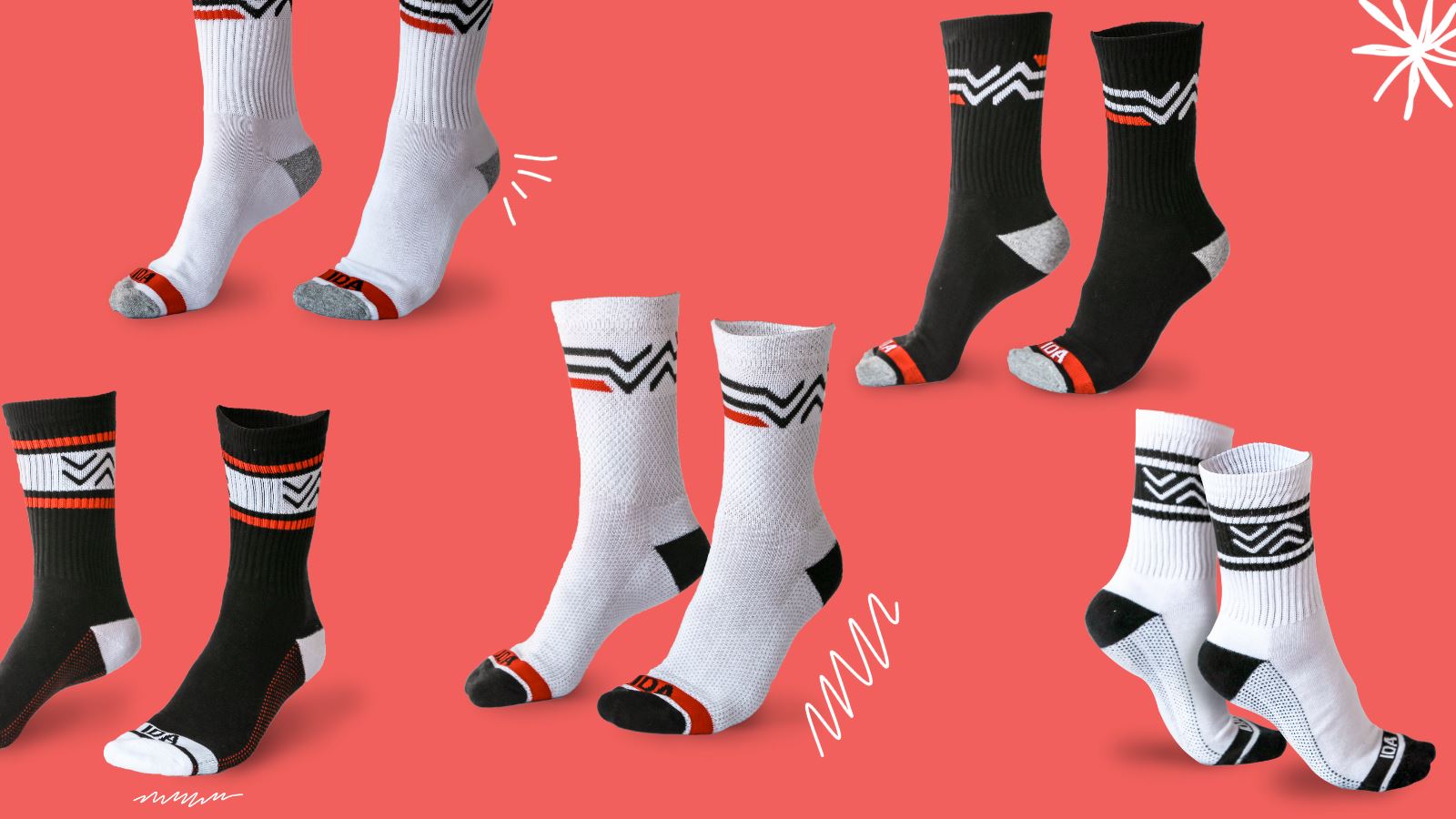 ida training socks in white and black on red background