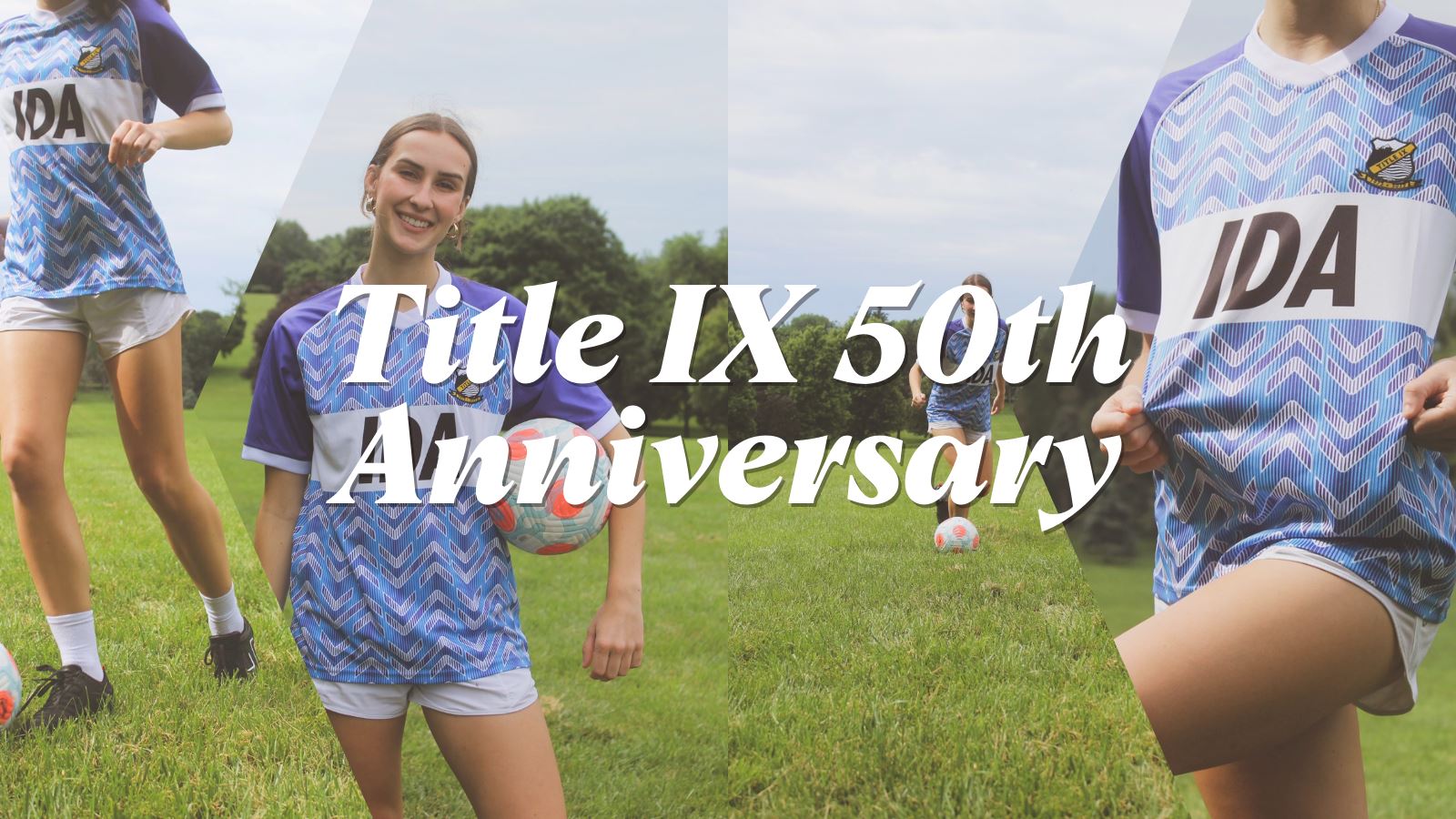 Collage of 3 images featuring female soccer player wearing the purple patterned Title IX 50th Anniversary Commemorative Kit.