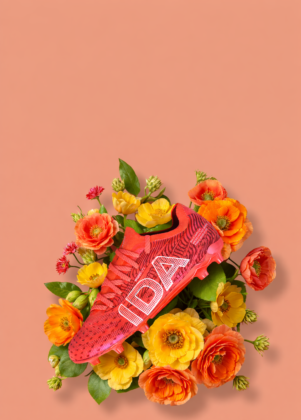 Red sneaker with 'ADA' branding surrounded by colorful flowers on a pink background